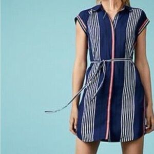 Express Tie Waist Button Down Collared Stripe Mini Dress